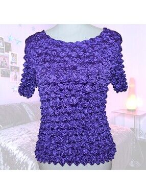 Premier One Size Crinkle Top Purple Popcorn Stretch Y2K 90s Short Sleeve Preppy